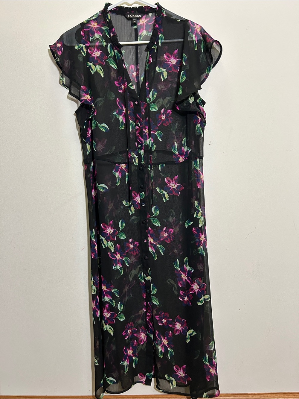 Express Black Maxi Dress with Pink Floral & Green Leaves - Sheer